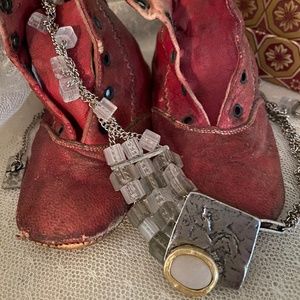 Artisan Pewter/Silver Necklace, with lucite blocks, stone in gold metal, 26”